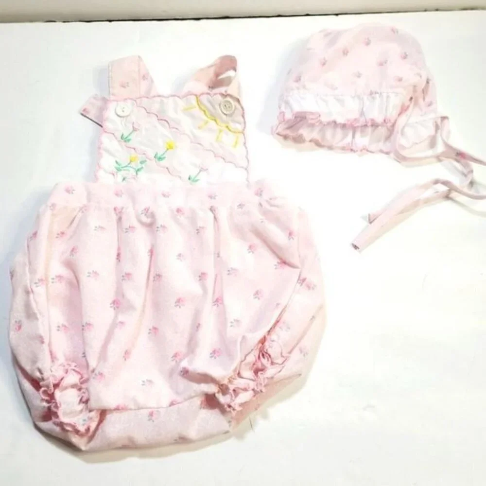 Vintage 90s Mayfair Pastel Pink Tulip Embroidery Baby Romper and Bonnet